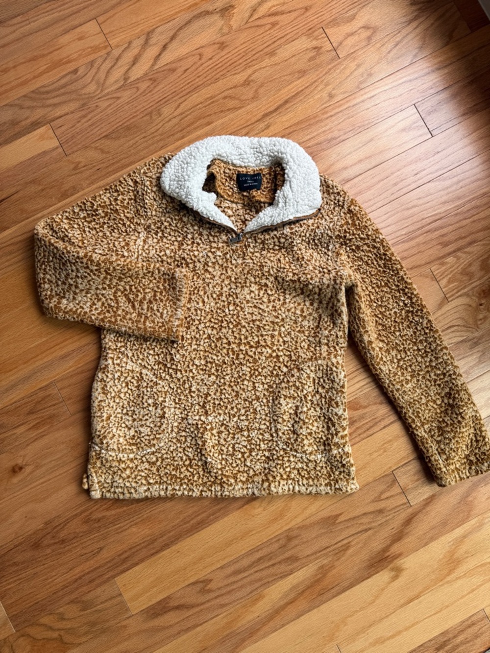 Love Tree Men's Sherpa Zip-Up Sweater - Tan with Cream Collar